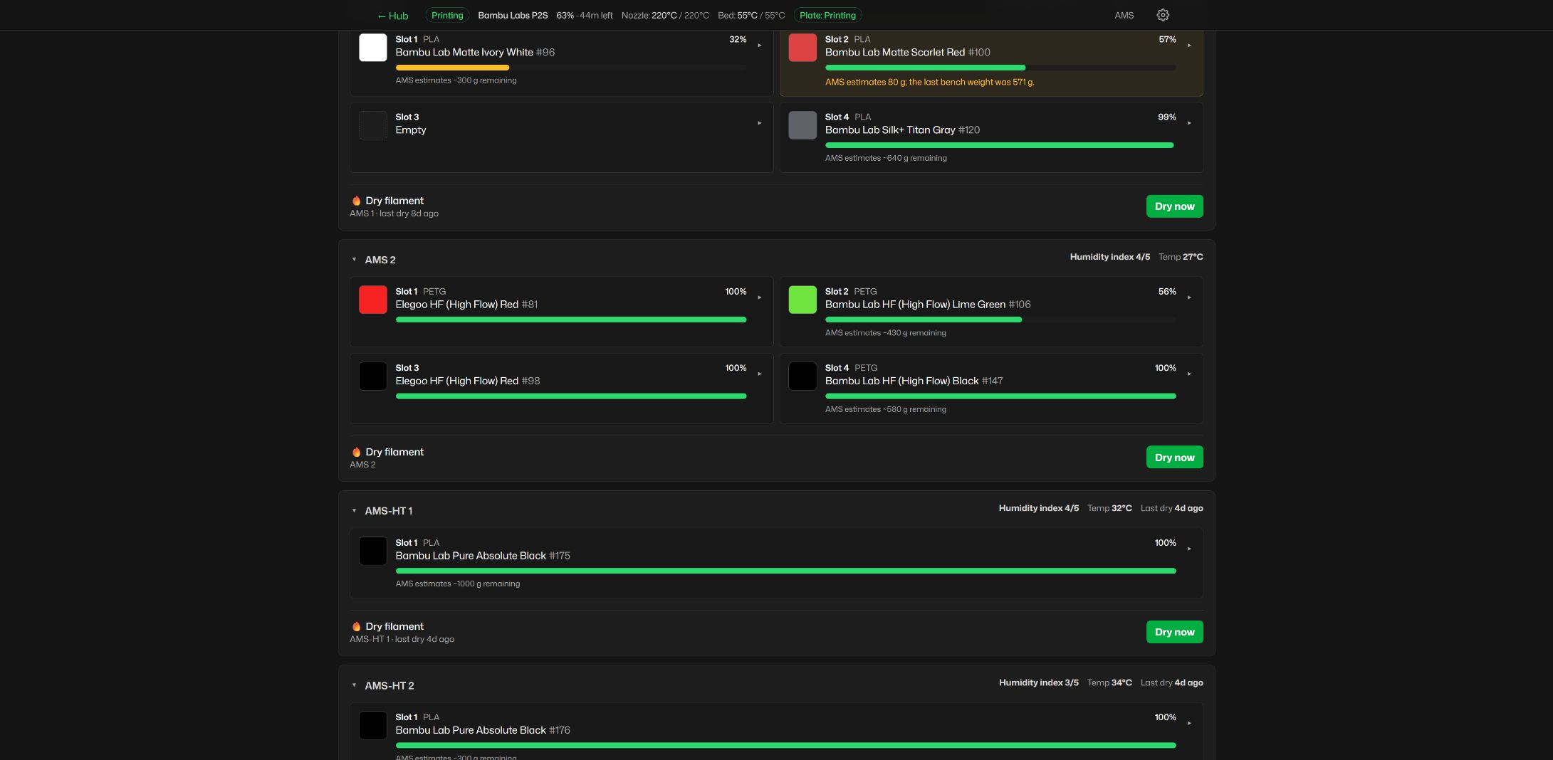 Live printer and filament inventory showing material, remaining quantity, humidity, temperature, and drying controls