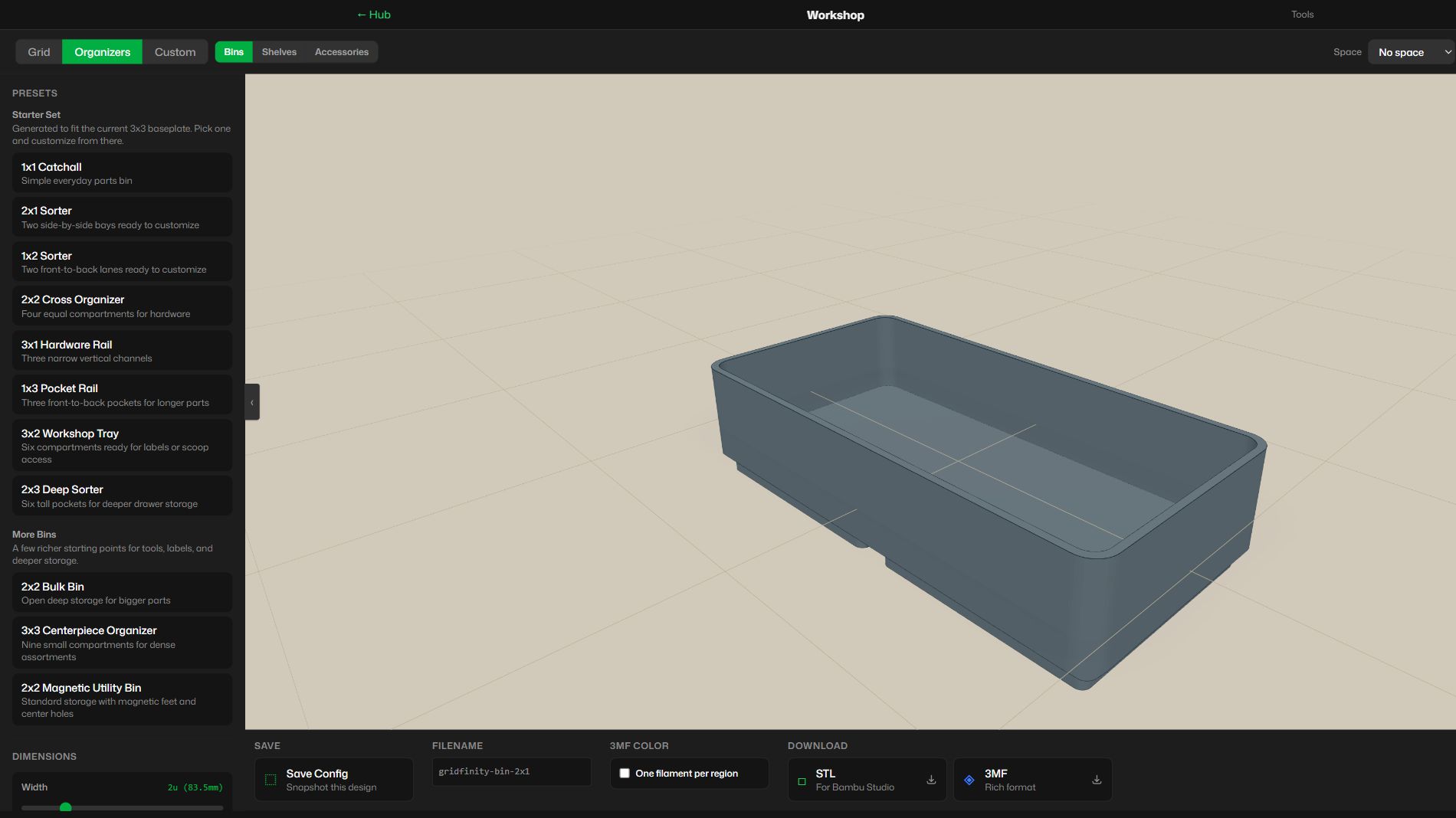A parametric storage-bin designer with presets, a live 3D preview, and print-ready export controls