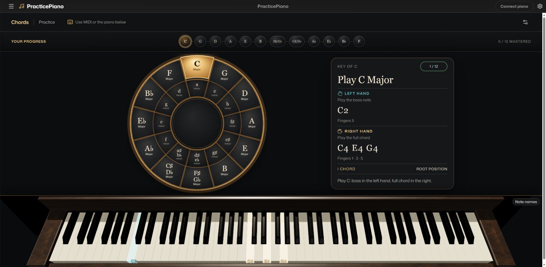 An interactive Circle of Fifths with left- and right-hand chord instructions above a playable piano