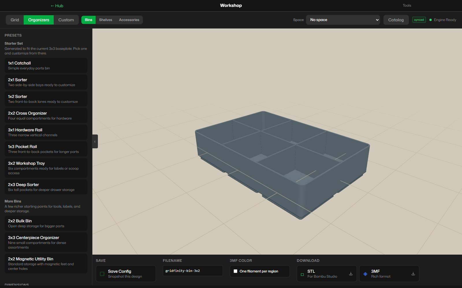Storage designer with configurable dimensions and a preview of a printable organizer