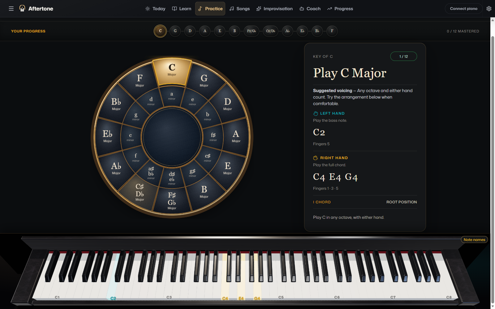 Piano learning interface with a Circle of Fifths and a playable keyboard